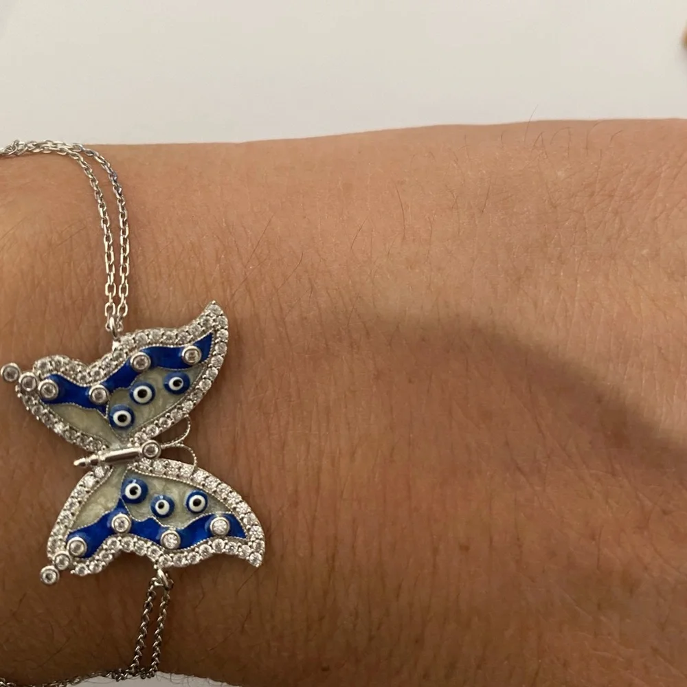 925 Silver butterfly bracelet blue evileye cz stones handmade enamel
